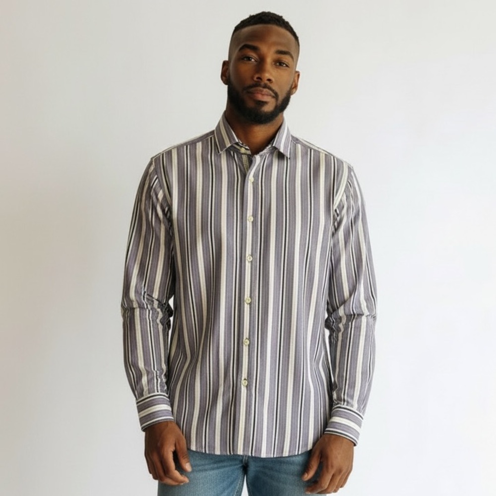 Thomas Dean Men's Purple White Striped Reverse Cuff Button Down Shirt Size M